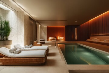 Luxurious spa with indoor pool, lounge chairs, and warm lighting.