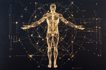 Poster - A geometric illustration of a divine figure surrounded by radiating lines, rendered in a minimal color scheme of gold and black