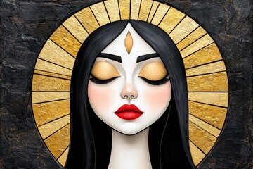 Poster - A geometric illustration of a divine figure surrounded by radiating lines, rendered in a minimal color scheme of gold and black