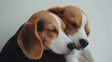 Wall Mural - Lively portrait of two Beagles cuddling closely together, showcasing their affectionate bond and serene expressions. This heartwarming scene captures essence of companionship