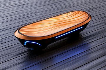 Poster - A glowing hoverboard speeding across a sleek urban environment, with trails of light left in its path