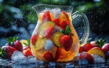 Wall Mural - Refreshing fruit-infused iced tea in a glass pitcher with strawberries, peaches, and lime, surrounded by ice and fresh fruit.