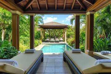 Wall Mural - Luxurious poolside pavilion with lounge chairs.