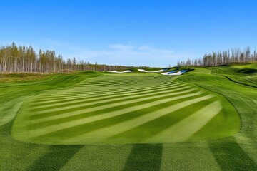 Poster - A golf course at twilight, with soft, golden light illuminating the landscape and casting long shadows