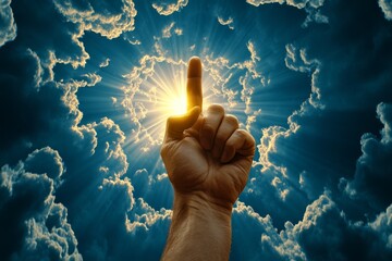 Poster - A hand reaching down from the heavens, surrounded by ethereal light and swirling clouds, symbolizing divine intervention