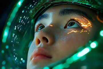Poster - A hyper-realistic depiction of a personâ€™s face illuminated by the glow of a holographic interface, surrounded by futuristic data