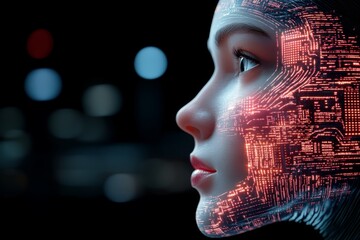 Poster - A hyper-realistic depiction of a personâ€™s face illuminated by the glow of a holographic interface, surrounded by futuristic data