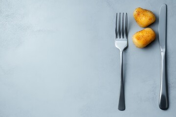 Leinwandbilder - A minimalist 2D design of gnocchi and a fork on a plain white background, accented with clean, bold lines
