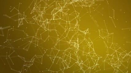Yellow graphic plexus background with moving lines and dots, abstract futuristic network backdrop. Seamless loop