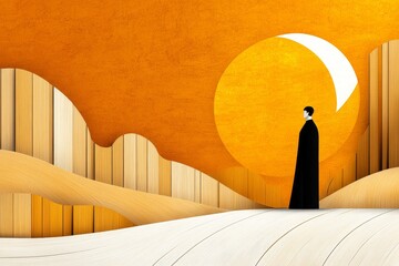 Aufkleber - A minimalist representation of a god-like figure standing in a glowing circle, illustrated with bold, clean lines and a simple gold-and-white color palette