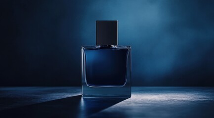 Sticker - Dark blue perfume bottle on dark background.