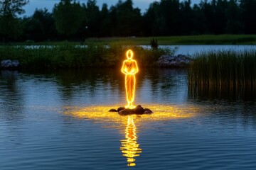 Poster - A peaceful river scene with a glowing divine figure standing on the water, surrounded by soft light and reflections