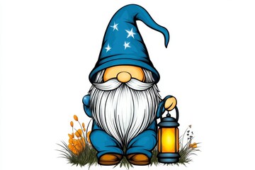Poster - A simple geometric design of a gnome silhouette holding a lantern, rendered in bold monochromatic lines