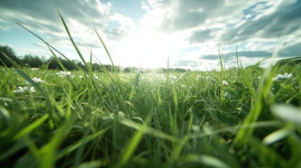 Close-up of vibrant green grass blades stretching towards a bright midday sun under a slightly cloudy sky, conveying a sense of growth, vitality, and serenity.