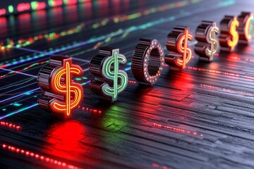 Poster - A vibrant digital illustration of a forex trader with glowing currency icons and a stylized chart interface