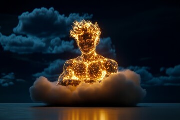 Poster - A whimsical 2D illustration of a god with glowing golden robes, standing on a cloud and gently casting beams of light downwards, drawn on a white canvas