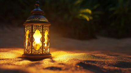 Poster - Beautifully crafted lantern casts a warm glow on the desert sand, evoking a tranquil ambiance for ramadan and spiritual contemplation