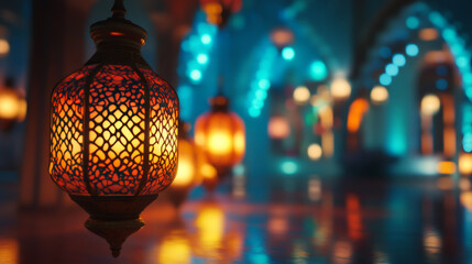 Poster - Ornate lanterns emitting warm light illuminate a festive ramadan scene, celebrating the holy month with traditional decorations