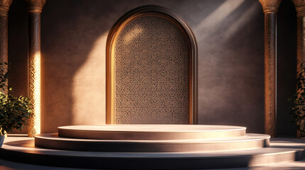 Poster - Elegant ramadan setting with ornate arch and columns bathed in sunlight, creating a serene ambiance for product display on round podium