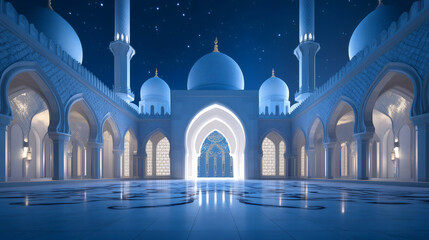 Poster - Starry night illuminates majestic white mosque, evoking the spiritual ambiance of ramadan