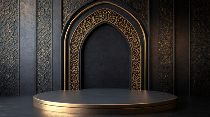 Poster - Golden framed empty podium in front of decorative arch and patterned walls, perfect for displaying ramadan or eid merchandise