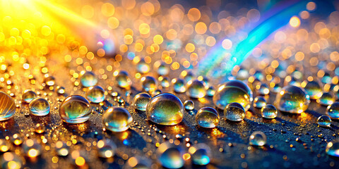 Poster - Bright droplets of water catch the morning light, creating an array of colors on a textured surface. The warm sunlight enhances the natural beauty of the scene