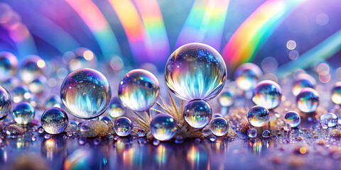 Poster - A collection of clear droplets captures and reflects colorful light, creating an enchanting visual display. The arrangement showcases a spectrum of hues against a blurred background
