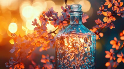 Poster - Glass bottle reflecting sunlight outdoor setting photo nature close-up captivating illumination