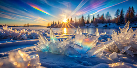 Wall Mural - Crystalline ice structures glisten under the warm glow of the setting sun by a calm river. Vibrant colors emerge as sunlight reflects, creating a magical atmosphere