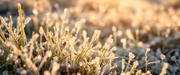 Poster - Morning light illuminates blades of grass covered in frost, showcasing delicate crystals that reflect the soft glow of the sun, creating a tranquil winter view