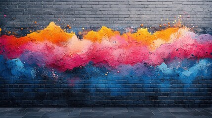 Poster - Colorful paint explosion on brick wall.