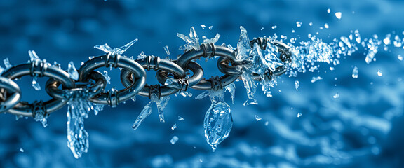 Poster - A metal chain visibly breaks through a layer of ice, sending sparkling water droplets into the air. The vivid blue background enhances the icy scene, creating a striking visual