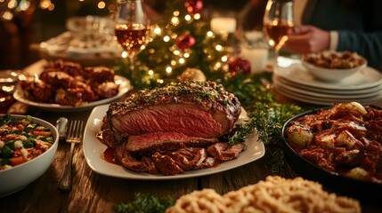 A succulent roast beef centerpiece, cooked to perfection, surrounded by a variety of vibrant seasonal side dishes, creating a festive and hearty meal setup.