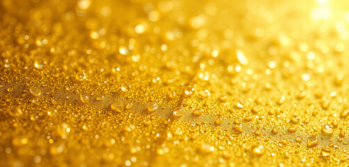Poster - Droplets of water are scattered across a golden surface, capturing and reflecting warm light. The scene conveys a sense of tranquility and natural beauty