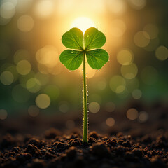 Poster - A vibrant green clover stands tall against a blurred background, illuminated by morning sunlight. The gentle glow highlights the dew on the leaves and rich earth below