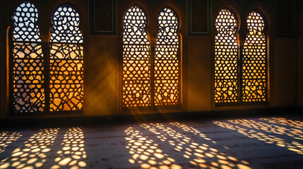 Poster - Tranquil ambiance fills the mosque as the intricately designed windows let in golden sunlight, casting patterned shadows on the floor during ramadan
