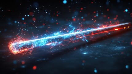 Poster - Vibrant Energy Beam Glowing with Electric Particles in Dark Atmosphere, Symbolizing Power, Motion, and Dynamic Forces in Abstract Art Style