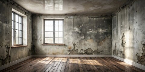 Aufkleber - A dilapidated room with distressed walls and hardwood floors, illuminated by natural light filtering through aged windows