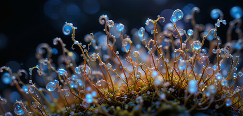 Poster - Tiny spirals of moss thrive in a forest, adorned with glistening dewdrops reflecting the soft light of dawn. This lush environment showcases nature's intricate beauty