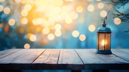 Poster - Metal lantern creating a cozy ambiance on a wooden table, with a background of blurred bokeh lights, representing the serene mood of ramadan