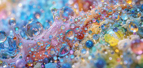 Poster - Close-up view reveals a mesmerizing array of colorful bubbles and droplets that interact with a spectrum of hues. The intricate patterns create a beautiful and captivating visual experience