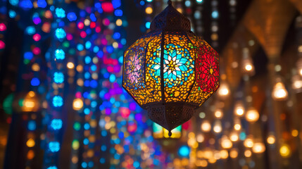 Poster - Vibrant arabic lantern adding to the festive ambiance of ramadan, with soft lights in the background