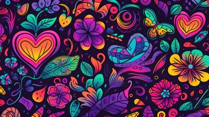 Wall Mural - Hand-drawn 90s retro illustrations of symbols such as a rainbow, butterfly, love heart, and flower, designed with bright, colorful tones, wavy outlines, and funky patterns in a cartoonish aesthetic.