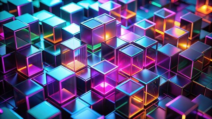 Fototapete - Abstract Neon Cubes A vibrant array of glowing geometric shapes in a futuristic digital landscape.