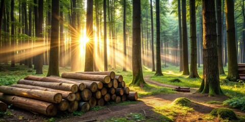 Aufkleber - Golden sunrise rays illuminate a serene forest path, casting long shadows on a stack of freshly cut logs.