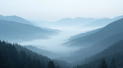 Naklejka na meble Panoramic Fog-Covered Valley with Mountain Peaks
