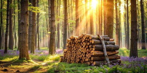Poster - Golden sunlight streams through a forest, illuminating a neat stack of logs resting amidst wildflowers.