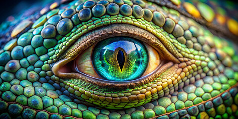 Poster - This close-up reveals the detailed textures and striking colors of a reptile's eye, highlighting the unique patterns and vibrant hues under bright light in a natural setting