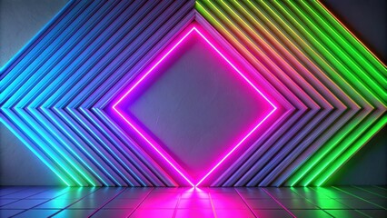 Poster - Vibrant Neon Lights Illuminate Geometric Wall Design with a Central Empty Space