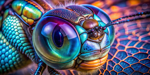 Poster - A dragonfly rests on a surface, its large, iridescent eyes reflecting vibrant hues. The intricate texture of its wings and body exhibit remarkable detail, highlighting nature's beauty